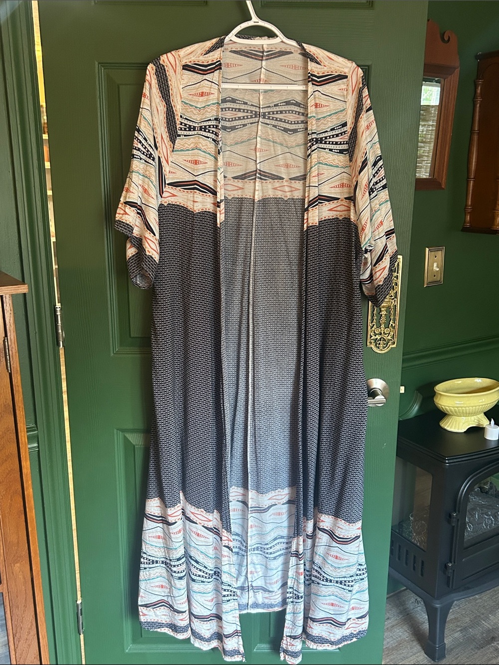 Boho Open-Front Maxi Kimono Navy and Cream